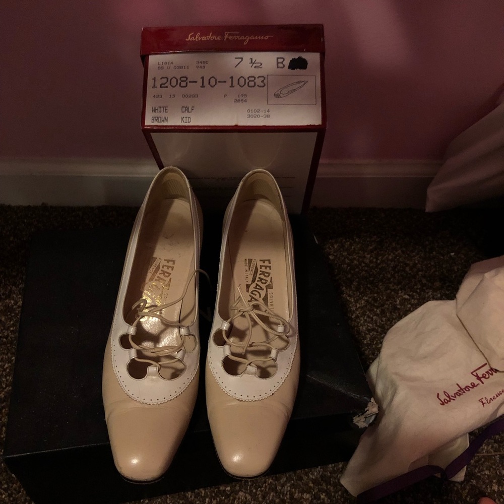 salvatore ferragamo white brown heel